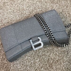 Balenciaga Sparkling Silver Clutch with Chain